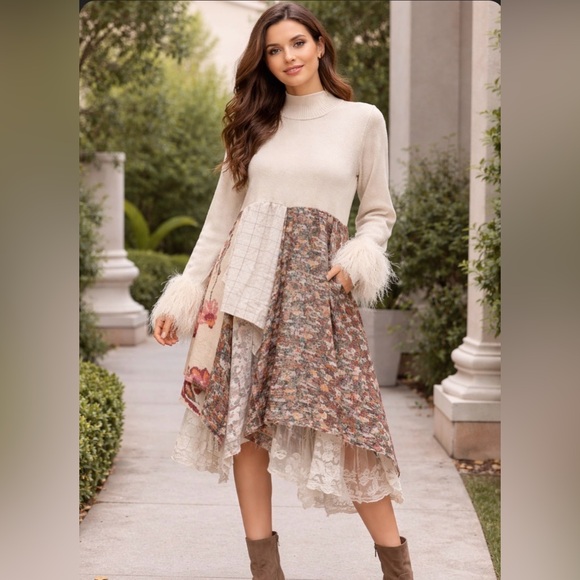 Dainty Jewells Tops - Cream and Floral Patchwork tunic with Feather Details